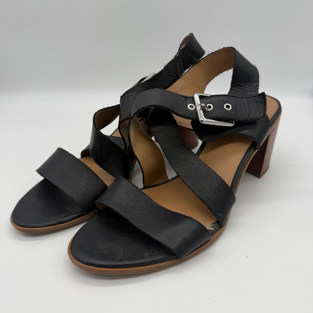 Franco Sarto Helga Black Leather Block Heel Strappy Sandals Size 8M
